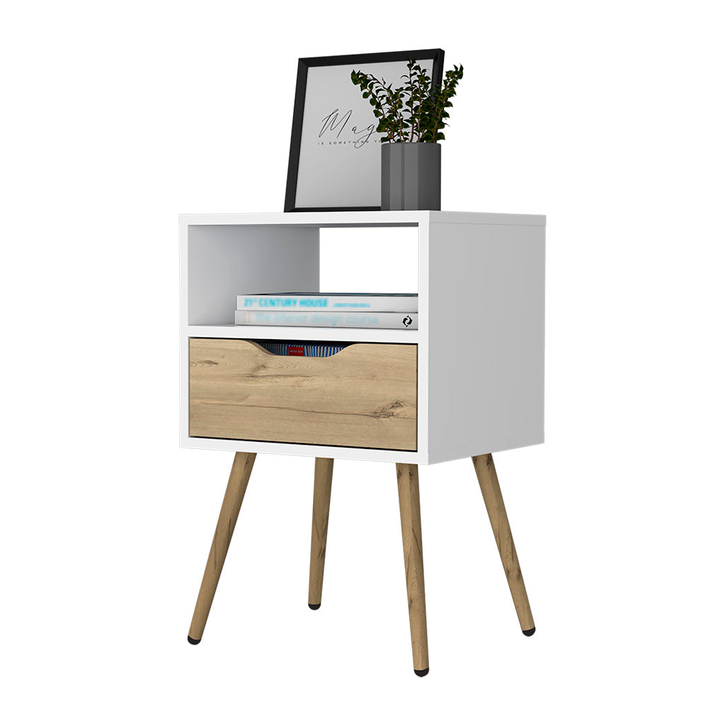 Fugaz Nightstand – White and Light Oak - Open Shelf and Single Drawer