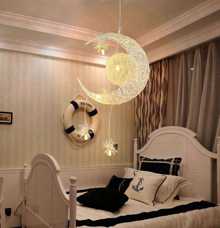 "Aluminum Star & Moon Chandelier - Warm Lighting