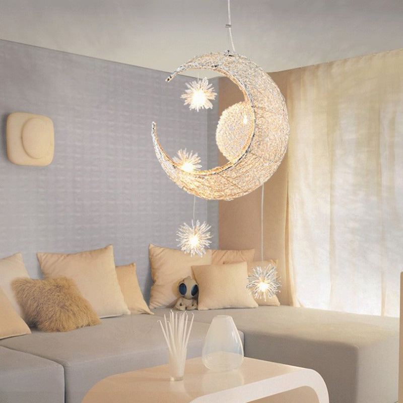 "Aluminum Star & Moon Chandelier - Warm Lighting