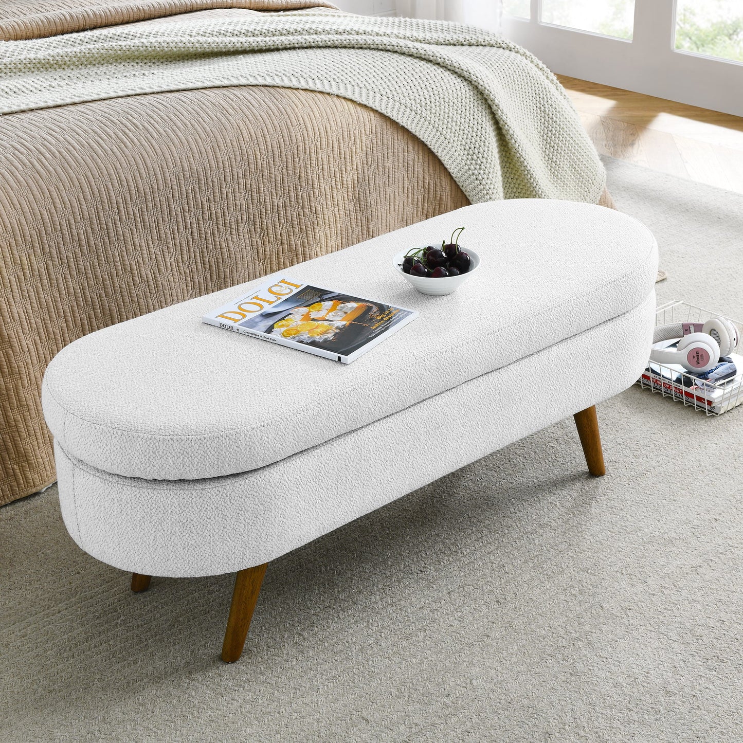 Oval Storage Ottoman Bench with Rubber Wood Legs - White