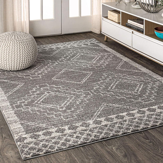 MOH200C-4 Amir Moroccan Beni Souk Indoor -Area Rug Bohemian Farmhouse Rustic Geometric Easy-Cleaning Bedroom Kitchen Living Room Non Shedding, 4 X 6, Gray,Cream