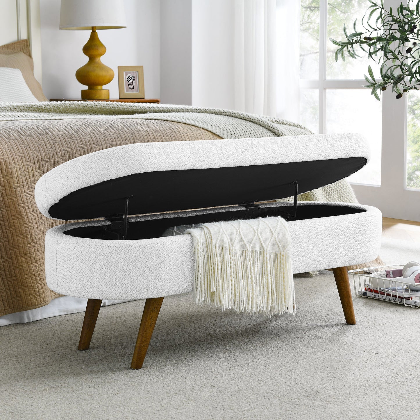 Oval Storage Ottoman Bench with Rubber Wood Legs - White