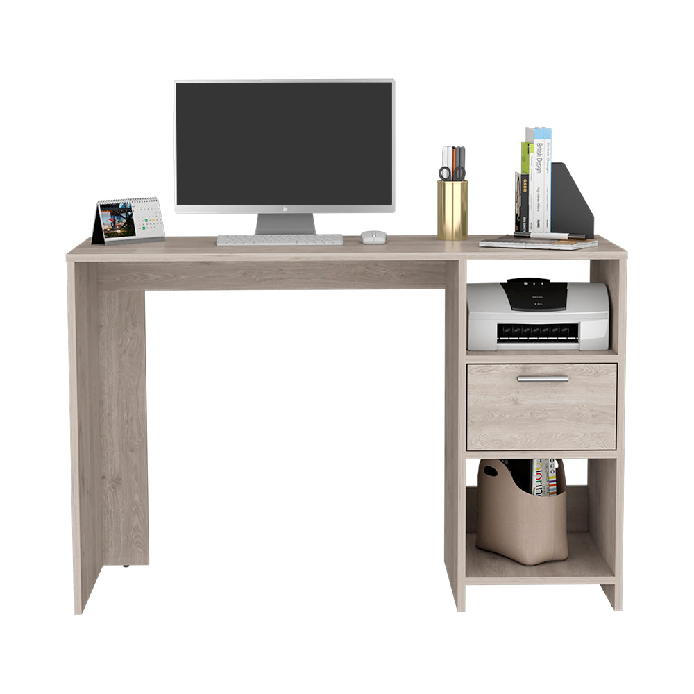 Computer Desk Odessa with Single Drawer and Open Storage Cabinets, Light Gray