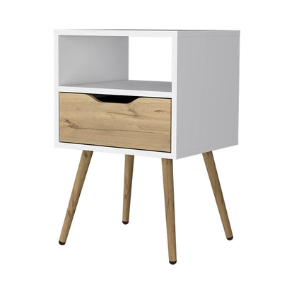 Fugaz Nightstand – White and Light Oak - Open Shelf and Single Drawer