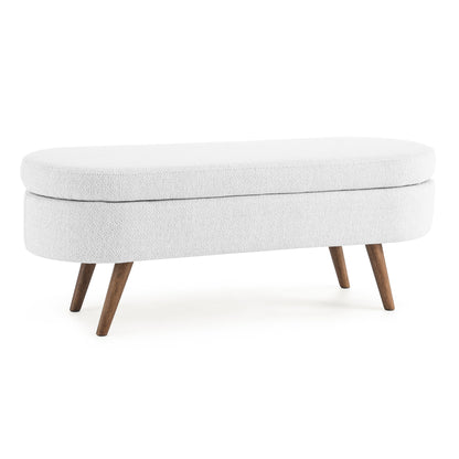 Oval Storage Ottoman Bench with Rubber Wood Legs - White