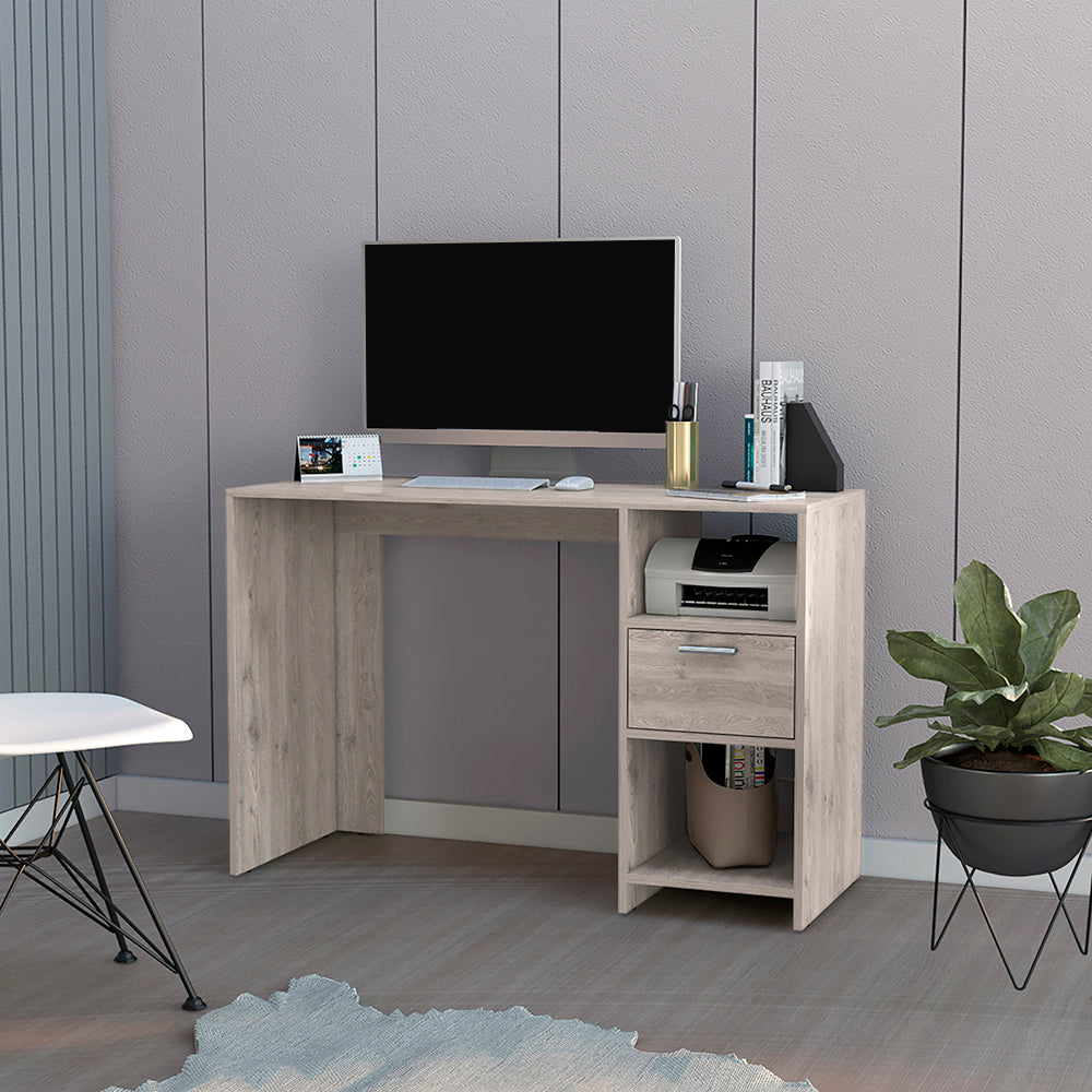 Computer Desk Odessa with Single Drawer and Open Storage Cabinets, Light Gray