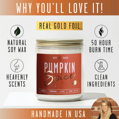 Pumpkin Spice Candle, Fall Candles - 'Pumpkin Spice' Pumpkin Candle, Autumn Scented Soy Candles for Home, Fall Scented Candles for Home, Fall Home Décor, 9Oz Reusable Jar, 50Hr Burn, Made in USA