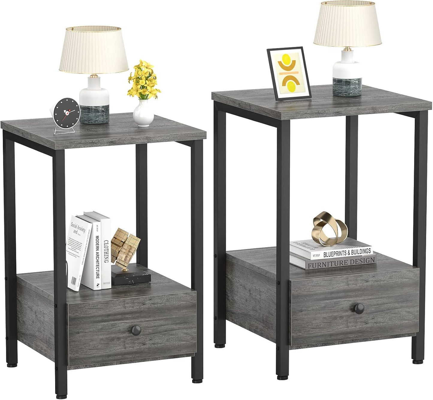 Nightstand Set of 2, Industrial Bedside Table with Drawer and 2-Tier Storage Shelf, Grey End Table Side Table Modern Night Stand for Bedroom Living Room Sofa Couch, Easy Assembly