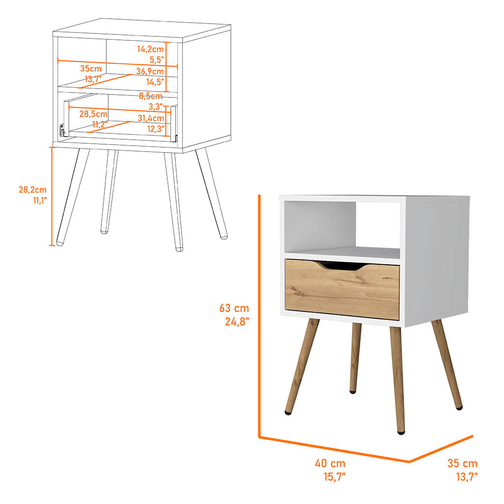 Fugaz Nightstand – White and Light Oak - Open Shelf and Single Drawer