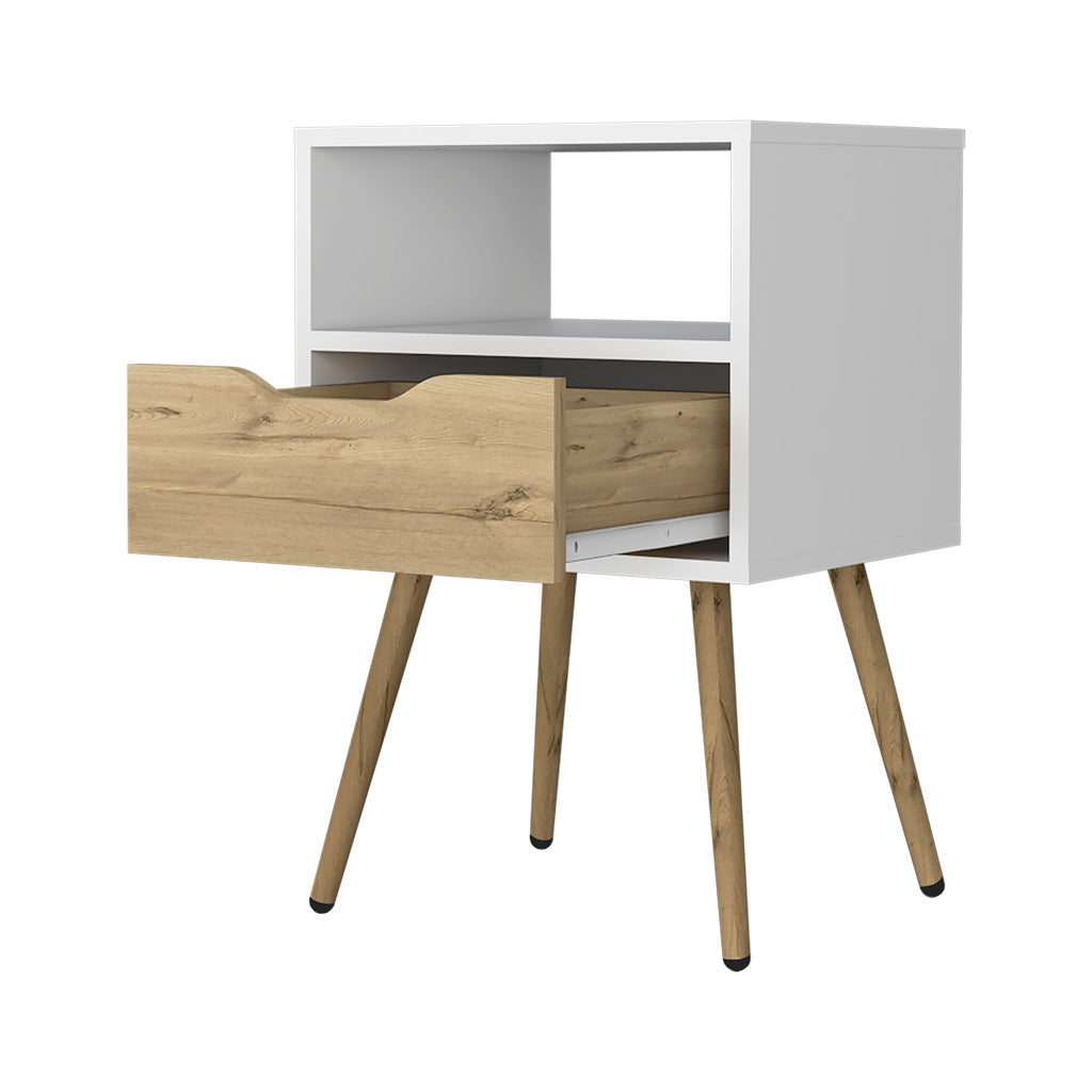 Fugaz Nightstand – White and Light Oak - Open Shelf and Single Drawer