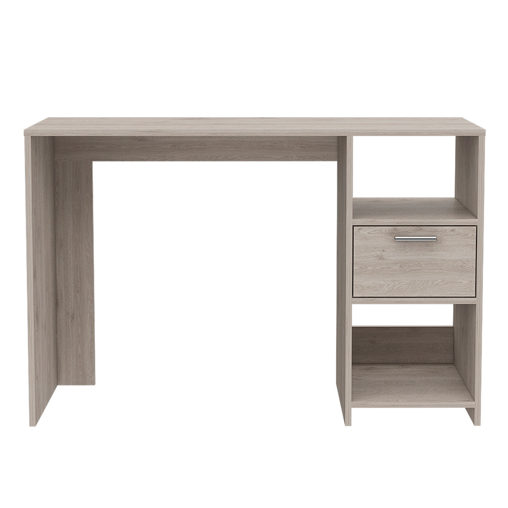 Computer Desk Odessa with Single Drawer and Open Storage Cabinets, Light Gray