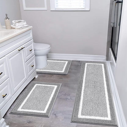 Bathroom Rug Set 3 Piece, Non-Slip Absorbent Bath Mats, Microfiber Soft, Absorbent Plush Shaggy Carpets Includes U-Shaped Toilet Mat for Bath Floor, Shower, Light Grey