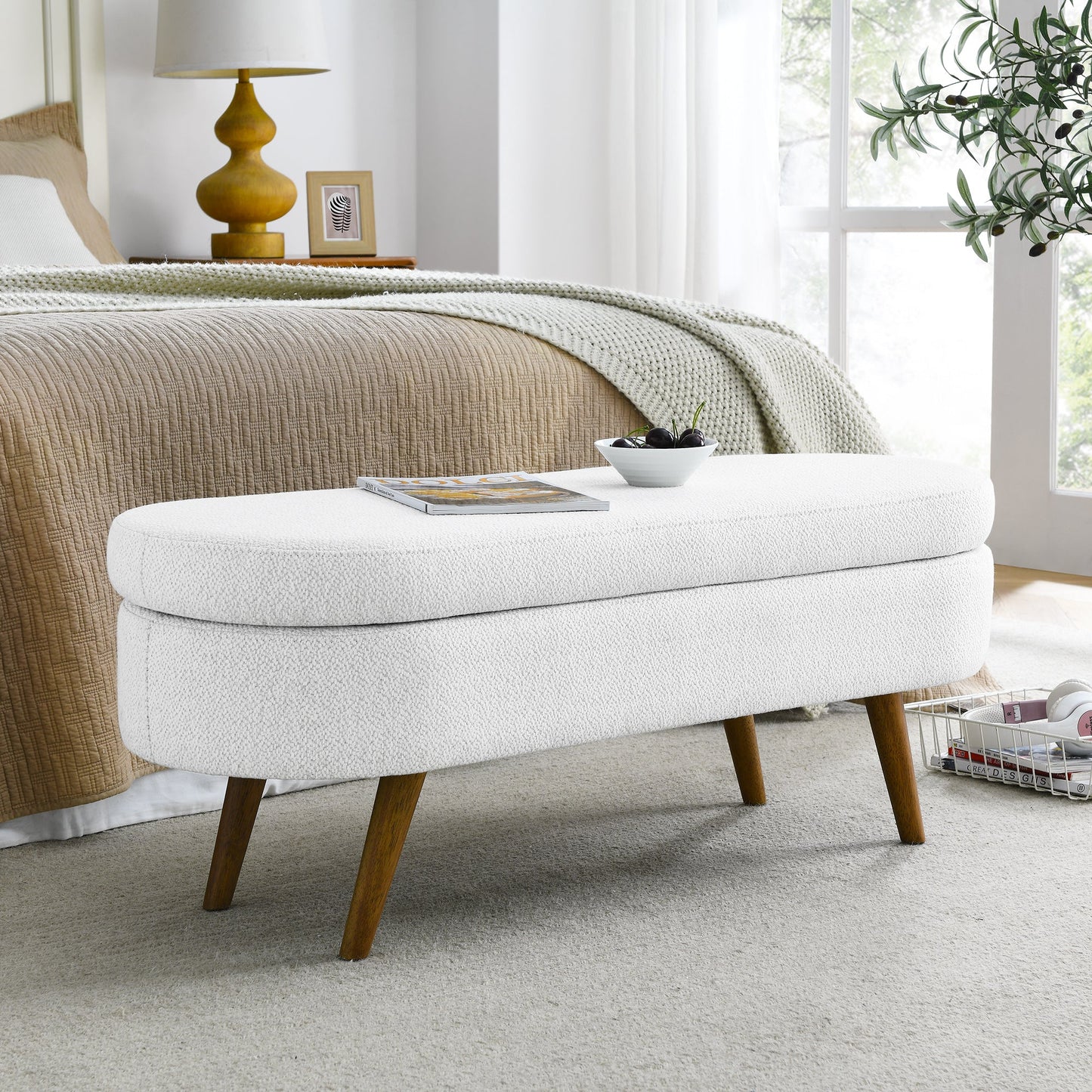 Oval Storage Ottoman Bench with Rubber Wood Legs - White