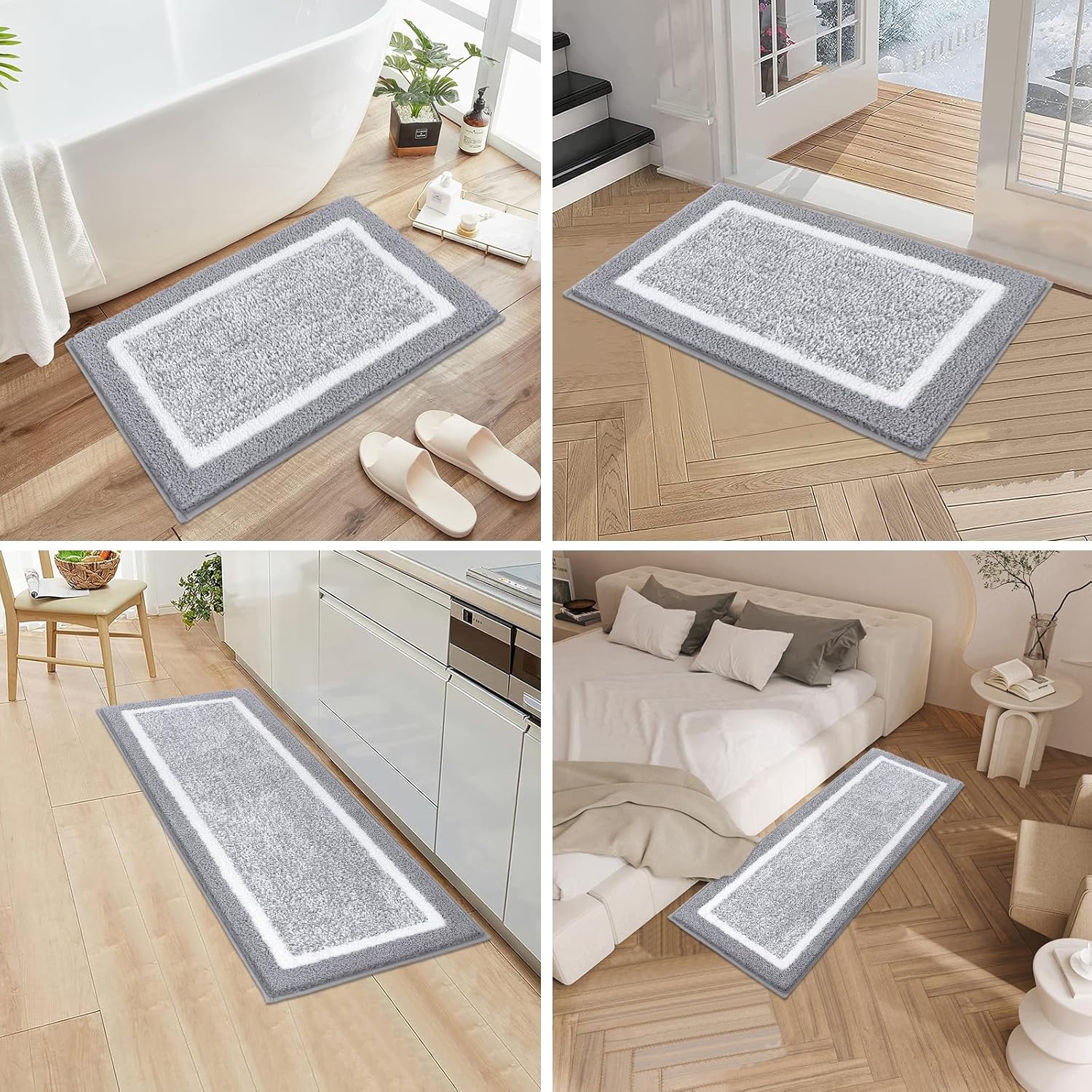 Bathroom Rug Set 3 Piece, Non-Slip Absorbent Bath Mats, Microfiber Soft, Absorbent Plush Shaggy Carpets Includes U-Shaped Toilet Mat for Bath Floor, Shower, Light Grey