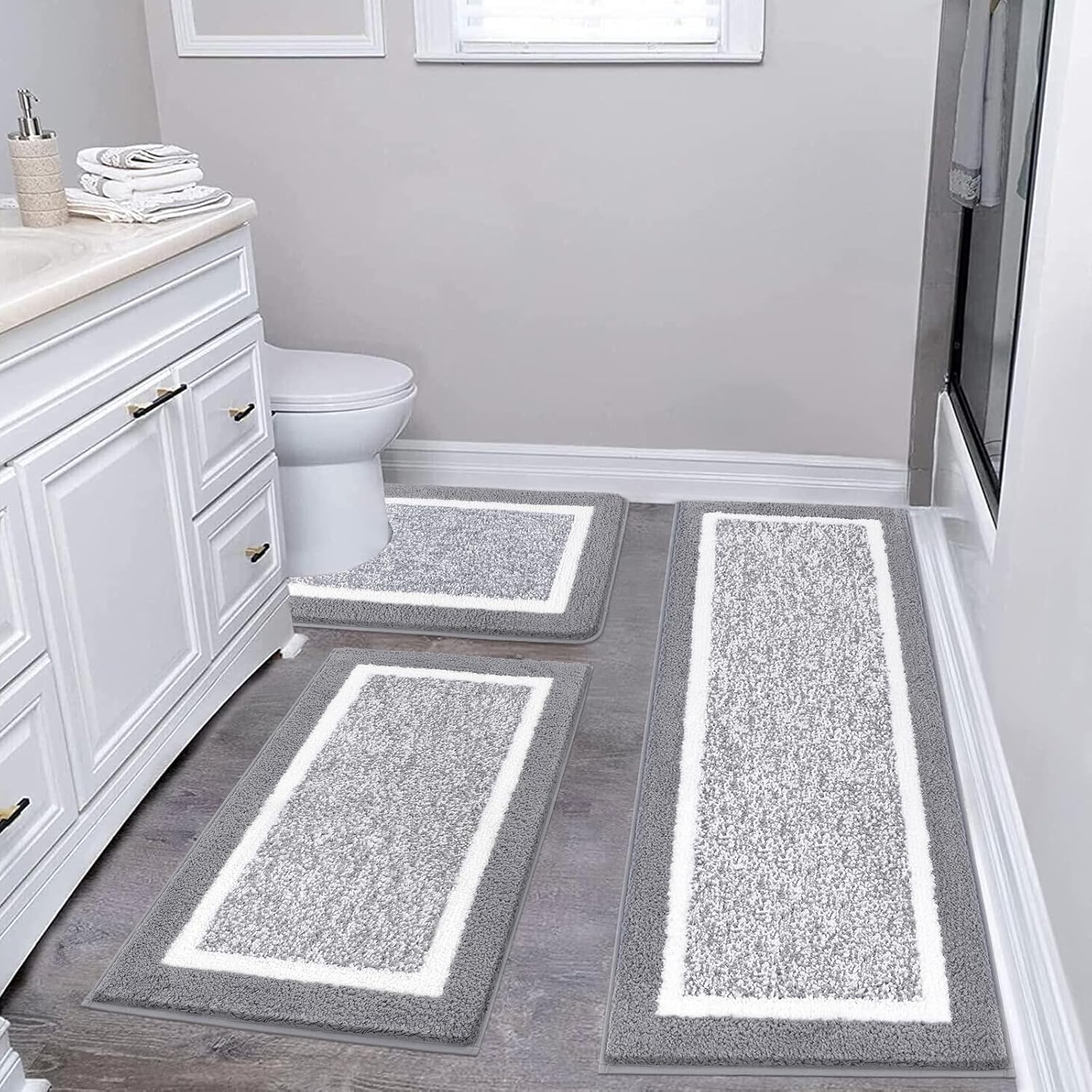 Bathroom Rug Set 3 Piece, Non-Slip Absorbent Bath Mats, Microfiber Soft, Absorbent Plush Shaggy Carpets Includes U-Shaped Toilet Mat for Bath Floor, Shower, Light Grey