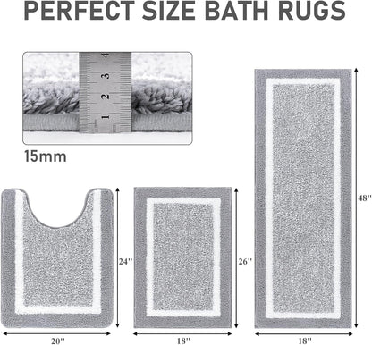 Bathroom Rug Set 3 Piece, Non-Slip Absorbent Bath Mats, Microfiber Soft, Absorbent Plush Shaggy Carpets Includes U-Shaped Toilet Mat for Bath Floor, Shower, Light Grey