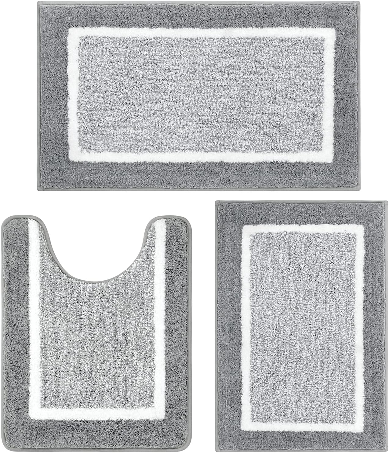 Bathroom Rug Set 3 Piece, Non-Slip Absorbent Bath Mats, Microfiber Soft, Absorbent Plush Shaggy Carpets Includes U-Shaped Toilet Mat for Bath Floor, Shower, Light Grey