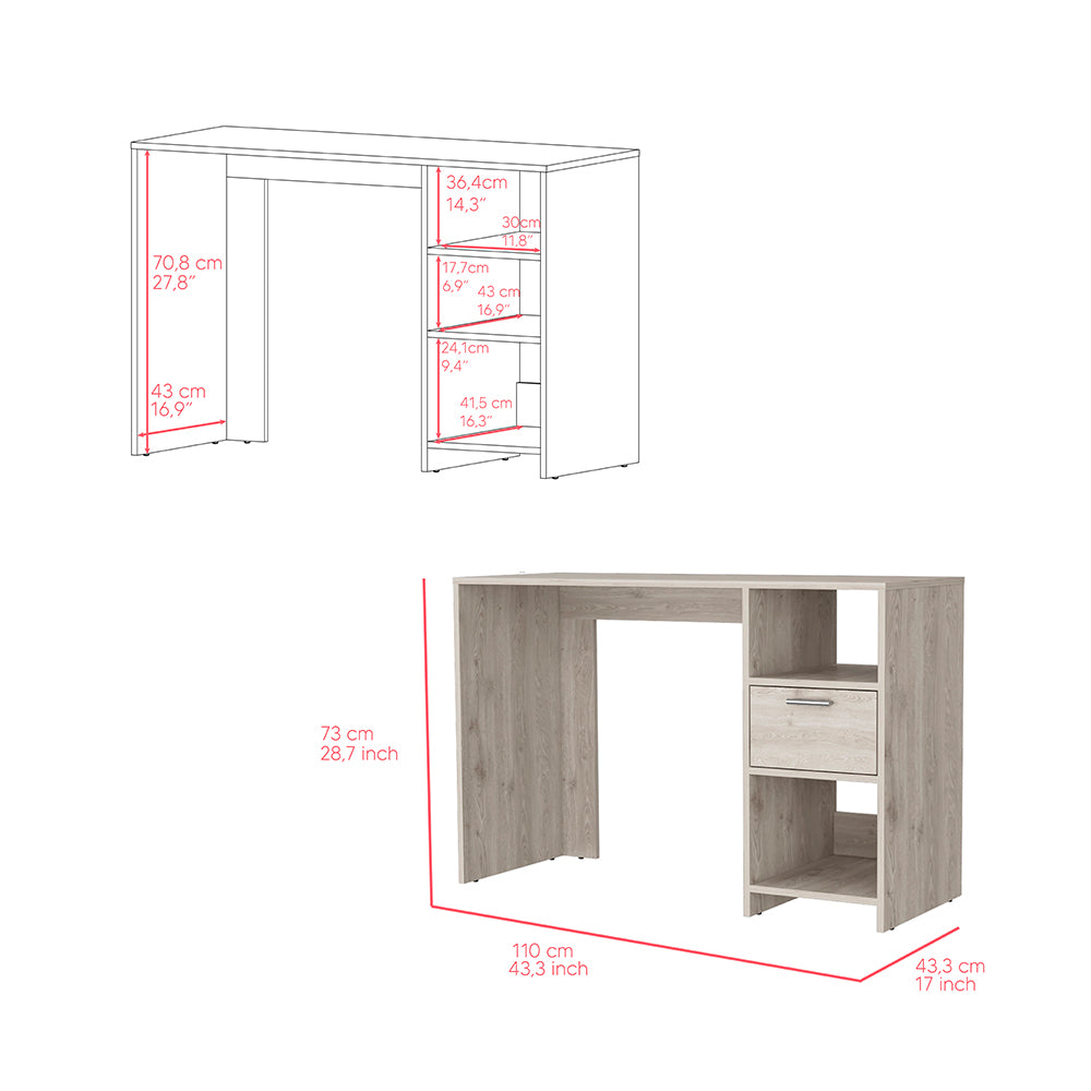 Computer Desk Odessa with Single Drawer and Open Storage Cabinets, Light Gray