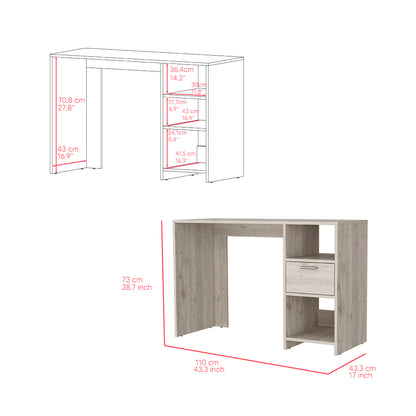 Computer Desk Odessa with Single Drawer and Open Storage Cabinets, Light Gray