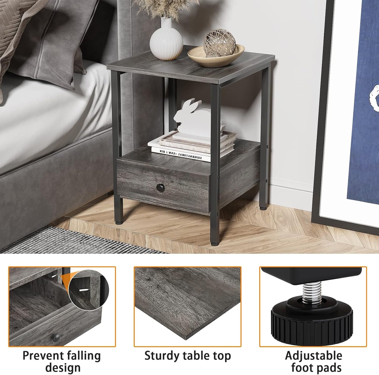 Nightstand Set of 2, Industrial Bedside Table with Drawer and 2-Tier Storage Shelf, Grey End Table Side Table Modern Night Stand for Bedroom Living Room Sofa Couch, Easy Assembly