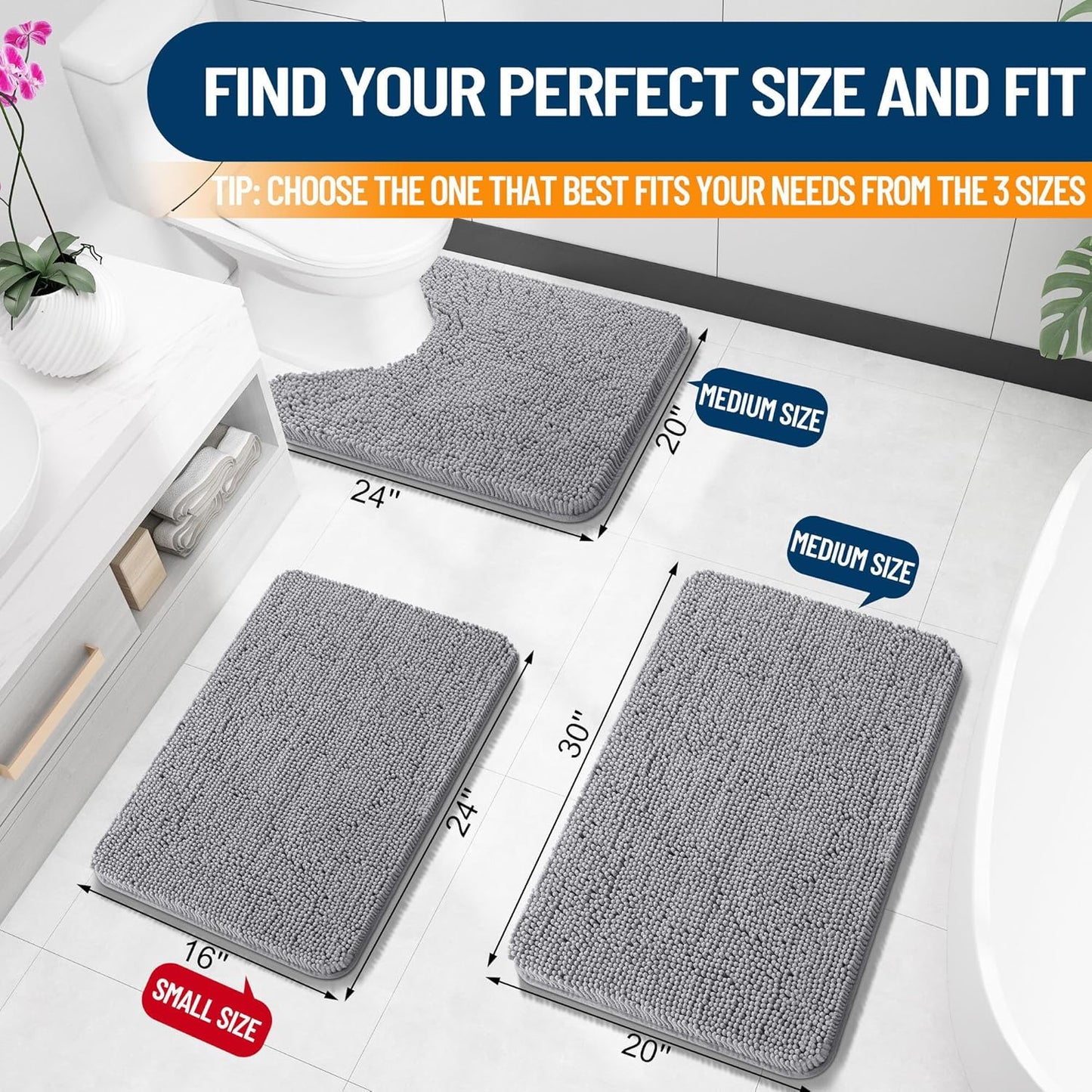 Bathroom Rugs 30X20, Extra Soft Absorbent Chenille Bath Rugs, Rubber Backing Quick Dry, Machine Washable Bath Mats for Bathroom Floor, Tub and Shower, Home Decor Accessories, Grey