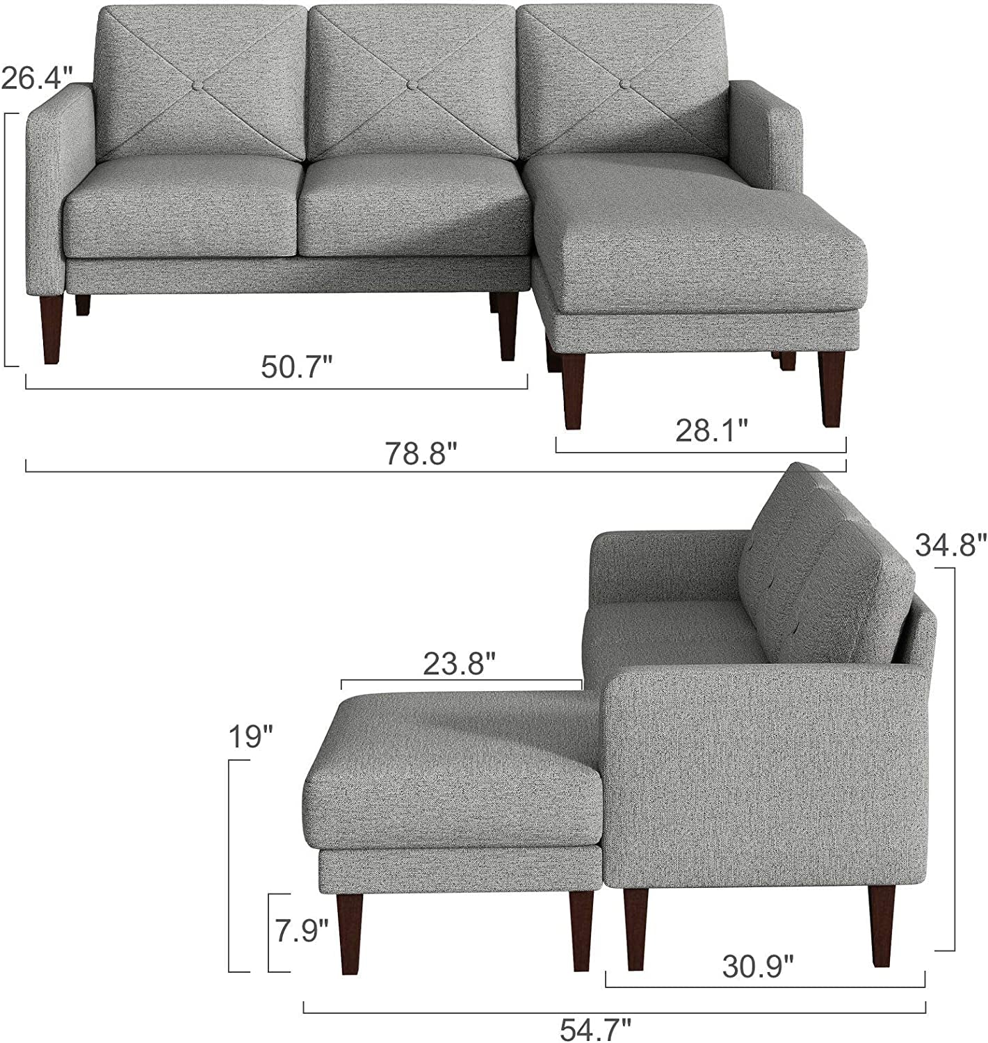 Convertible Sectional Sofa Couch with Chaise L Shaped Sofa Couch Reversible Sofa Couch Grey