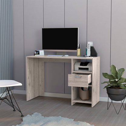 Computer Desk Odessa with Single Drawer and Open Storage Cabinets, Light Gray