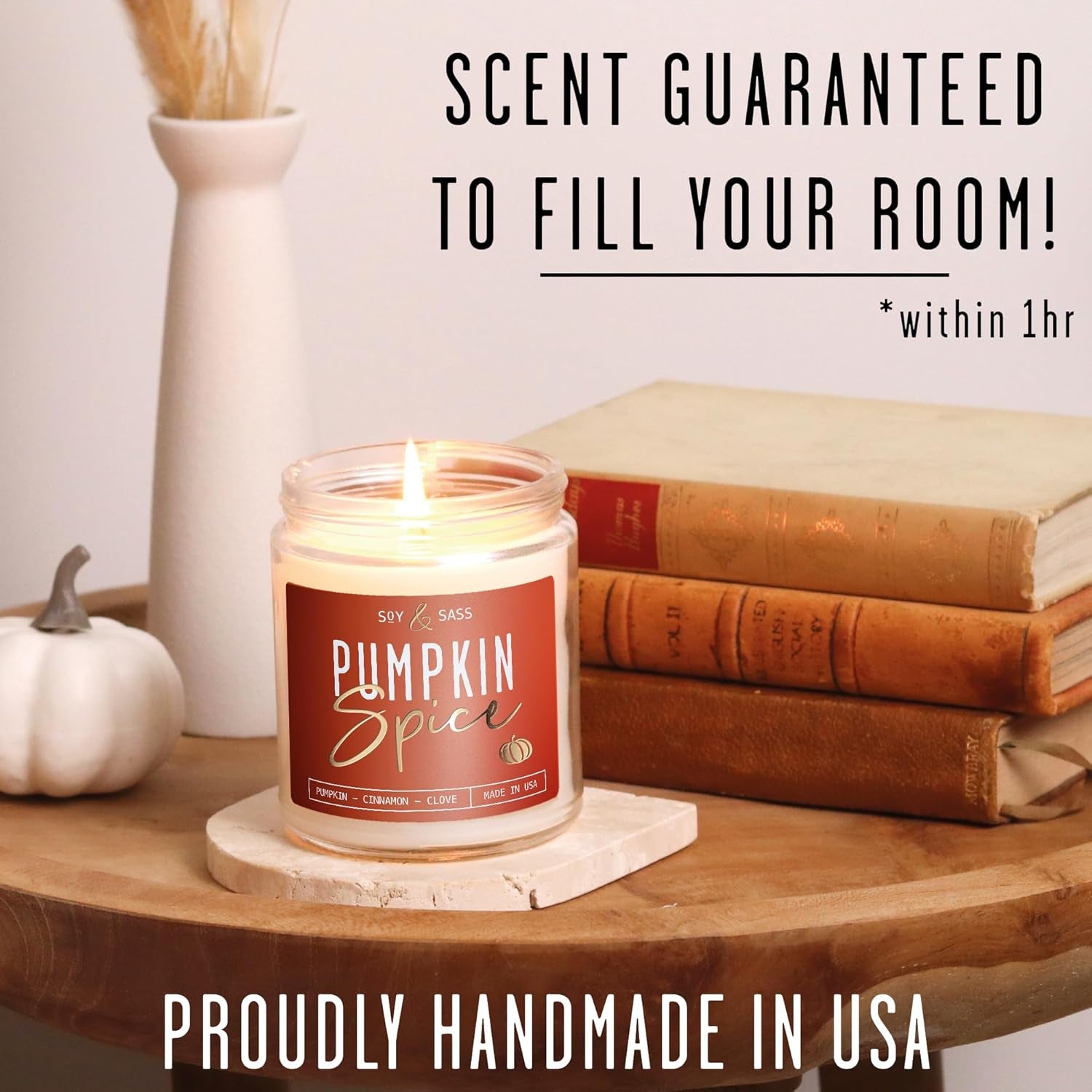 Pumpkin Spice Candle, Fall Candles - 'Pumpkin Spice' Pumpkin Candle, Autumn Scented Soy Candles for Home, Fall Scented Candles for Home, Fall Home Décor, 9Oz Reusable Jar, 50Hr Burn, Made in USA