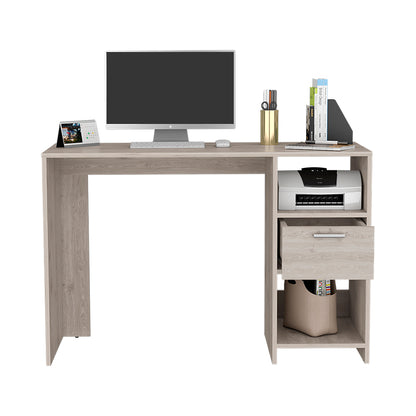 Computer Desk Odessa with Single Drawer and Open Storage Cabinets, Light Gray