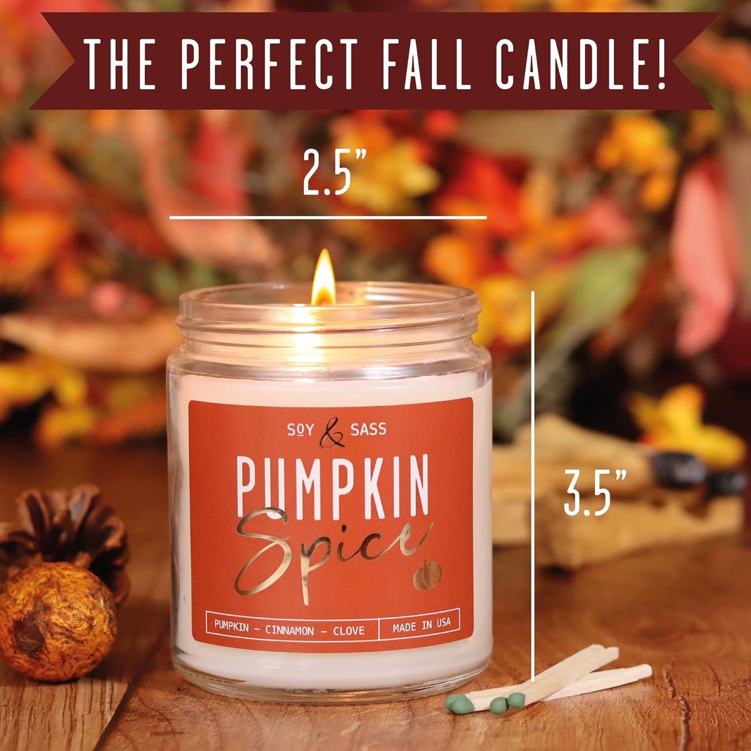 Pumpkin Spice Candle, Fall Candles - 'Pumpkin Spice' Pumpkin Candle, Autumn Scented Soy Candles for Home, Fall Scented Candles for Home, Fall Home Décor, 9Oz Reusable Jar, 50Hr Burn, Made in USA