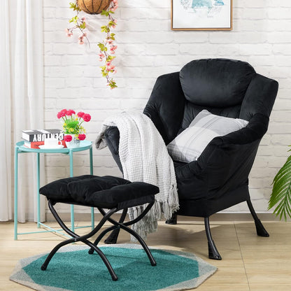 Modern Fabric Large Lazy Chair, Accent Oversized Comfy Reading Chair, Thick Padded Cozy Lounge Chair with Armrest, Steel Frame Leisure Sofa Chair for Living Room, Bedroom, Dorm, Black