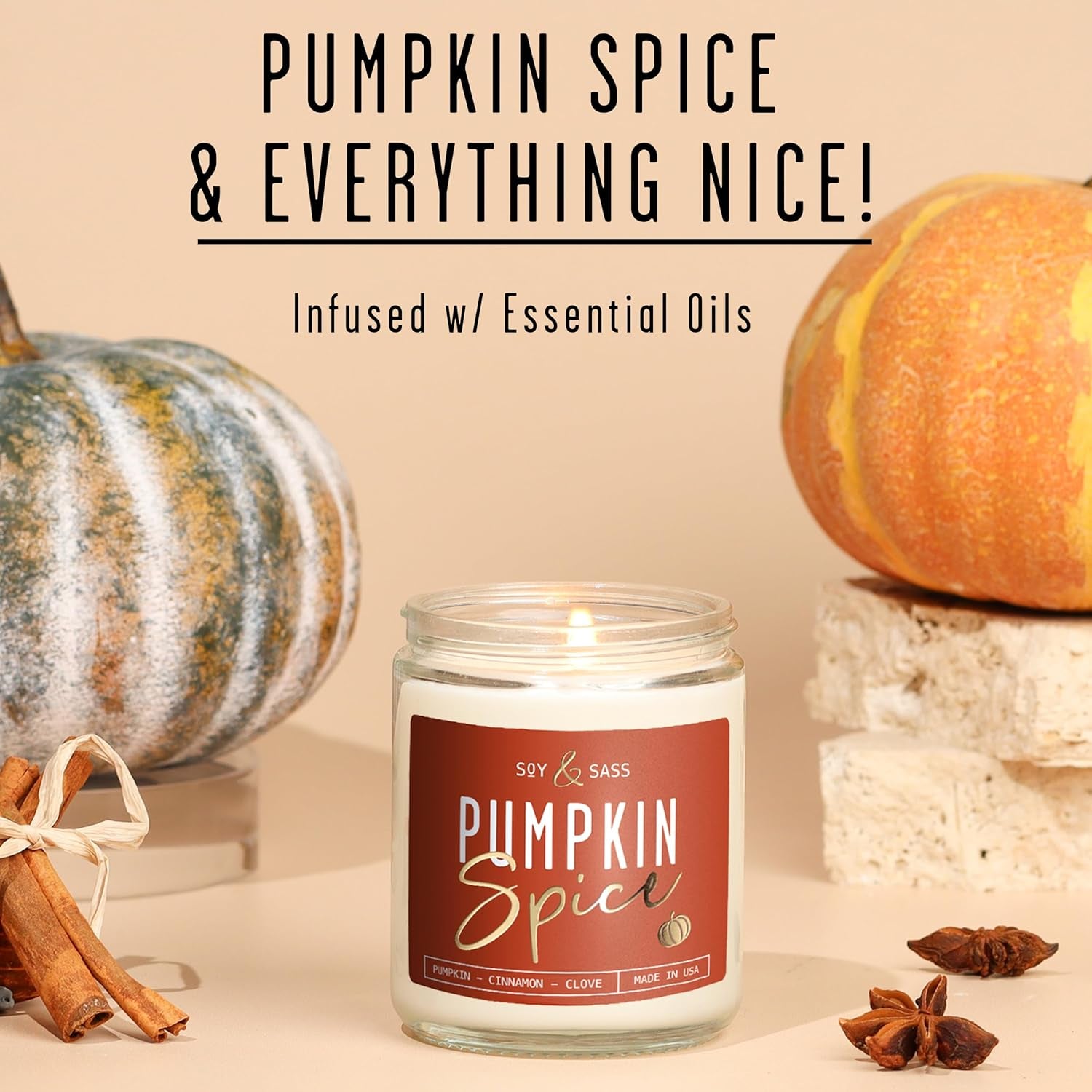 Pumpkin Spice Candle, Fall Candles - 'Pumpkin Spice' Pumpkin Candle, Autumn Scented Soy Candles for Home, Fall Scented Candles for Home, Fall Home Décor, 9Oz Reusable Jar, 50Hr Burn, Made in USA