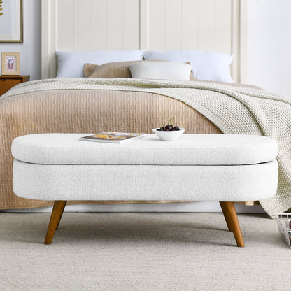 Oval Storage Ottoman Bench with Rubber Wood Legs - White